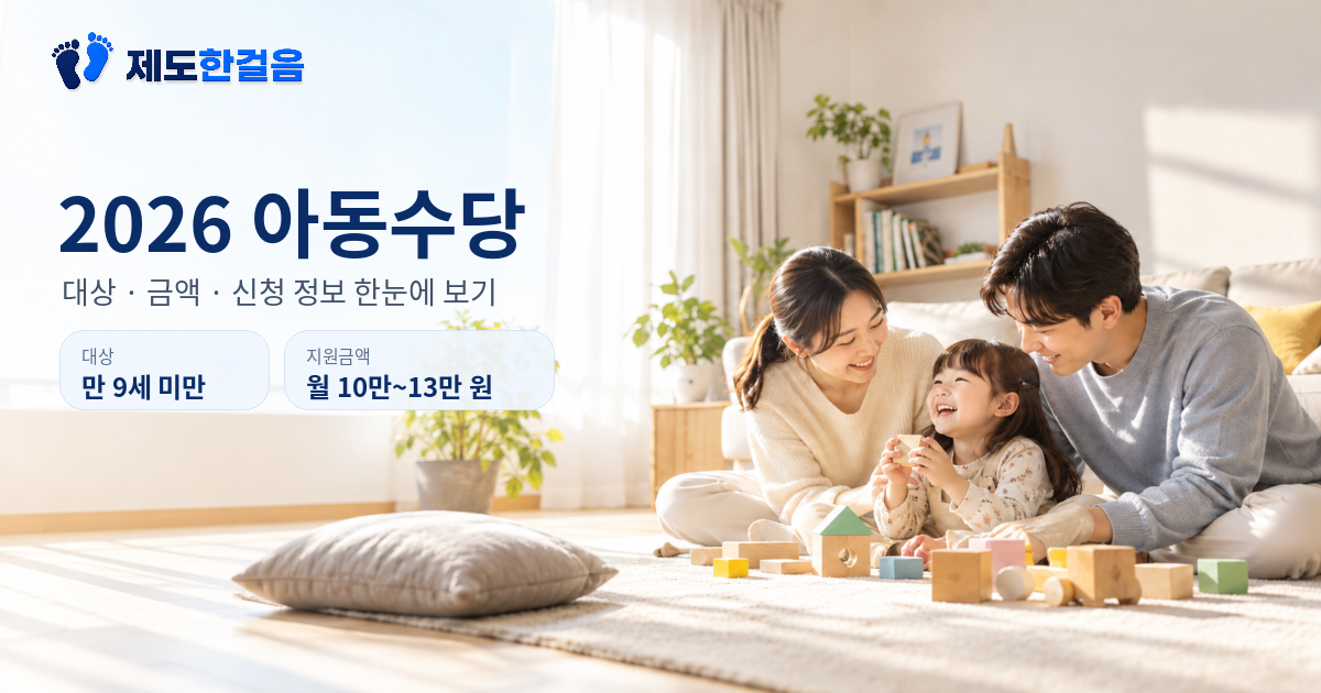 가족이 아이와 함께 있는 모습과 2026 아동수당 대상·월 10만~13만 원 지원금액을 안내하는 대표이미지