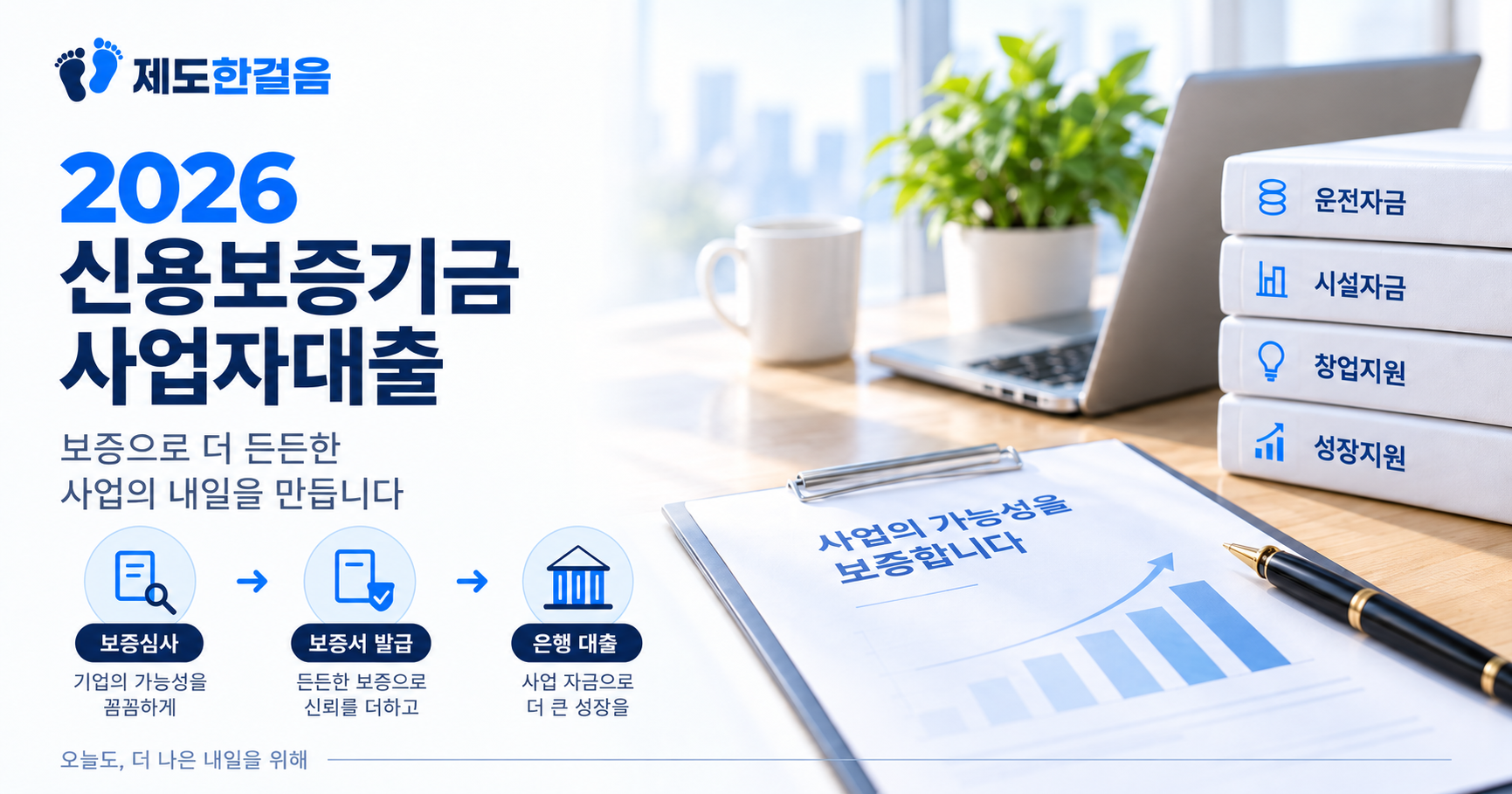 신용보증기금 사업자대출의 보증심사·보증서 발급·은행 대출 절차를 보여주는 안내 그래픽