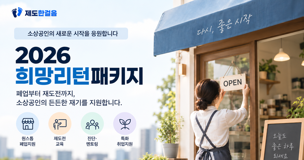 2026 희망리턴패키지 대표이미지. 원스톱 폐업지원, 재도전 교육, 진단·멘토링, 특화 취업지원을 상징하는 아이콘과 다시 문을 여는 소상공인 매장 장면